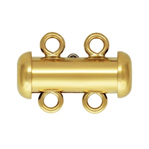 May include: A gold-colored jewelry clasp with a cylindrical body and rounded ends. It features four small loops, two on each end, for attaching to jewelry pieces. The clasp is designed to secure multiple strands.