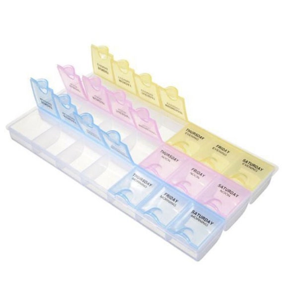 1pc Rectangle Plastic Weekly Pill Organizer 7 days AM/Noon/PM Labeled (21 Slots) Large Vitamine Medicine Pill Storage Case 8.7"x5"x0.87"