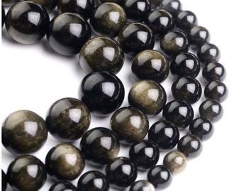 U Pick 15 Zoll Natural Gold Sheen Schwarz Obsidian Heilung Edelstein Runde Perlen 4 mm 6 mm 8 mm 10 mm für Ohrringe Armband Schmuck machen