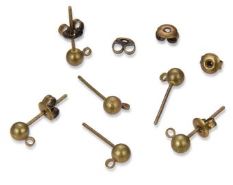 Pick 20pc/40pcs Earring Post 3mm 4mm 5mm Small Ball Closed Ring w/Earring Backs Antique Bronze Plated Brass for Drop Earrings Jewelry Making