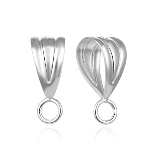May include: Two silver pendant bails with a smooth, rounded, and slightly curved design. Each bail has a small, round loop at the bottom.