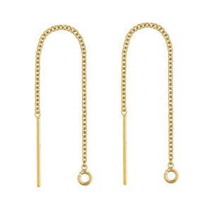 May include: A pair of gold-toned chain earrings with a simple, minimalist design. Each earring features a thin, straight post and a delicate chain that forms a loop.