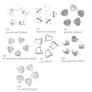 May include: Assortment of silver-toned metal charms in the shape of hearts, butterflies, and trees. The charms feature various designs and inscriptions, including "Love & Hope", "Best Mom", "You Are Always In My Heart", "Love", and "Tree of Life".