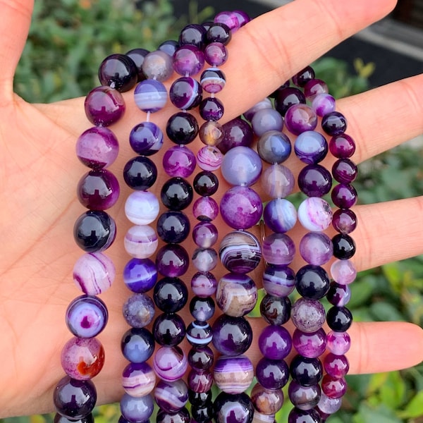 U Pick 1 Strand/15" AAA Natural Purple Stripe Agate Healing Gemstone Round Beads 4mm 6mm 8mm 10mm for Bracelet Earrings Jewelry Making