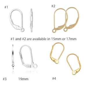 May include: Four different styles of earring hooks. The first two styles are available in 15mm or 17mm. The third style is 19mm. The fourth style is a smaller hook.