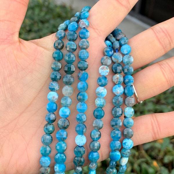 1 Strand/15" Natural Blue Apatite Healing Gemstone 6mm Flat Coin Faceted Round Stone Beads for Earrings Bracelet Necklace Jewelry Making