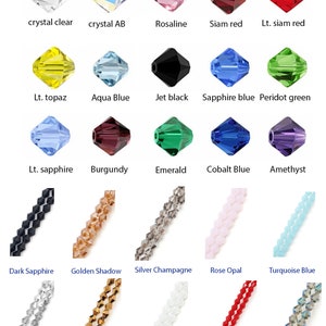 May include: A chart showing 20 different colors of crystal beads. The beads are arranged in rows of five, with each row showing a different color. The colors include crystal clear, crystal AB, Rosaline, Siam red, Lt. siam red, Lt. topaz, Aqua Blue, Jet black, Sapphire blue, Peridot green, Lt. sapphire, Burgundy, Emerald, Cobalt Blue, Amethyst, Dark Sapphire, Golden Shadow, Silver Champagne, Rose Opal, Turquoise Blue, Silver Shade, Gold Aurum, White Opal, Coral Red, and Peridot shimmer.