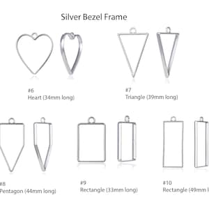May include: Silver bezel frames in various shapes, including heart, triangle, pentagon, and rectangle. The frames are 34mm, 39mm, 44mm, 33mm, and 49mm long.