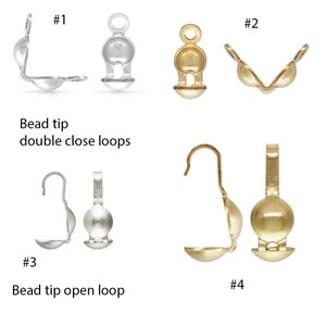 May include: Four different types of bead tips for jewelry making. The first two are double close loops, one silver and one gold. The last two are open loops, one silver and one gold.