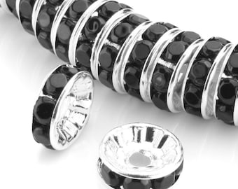 Elija 100 piezas/200 piezas de cuentas espaciadoras redondas de diamantes de imitación de plata de calidad A, cristal negro azabache de 5 mm, 6 mm, 8 mm, 10 mm y 12 mm para hacer joyas artesanales.