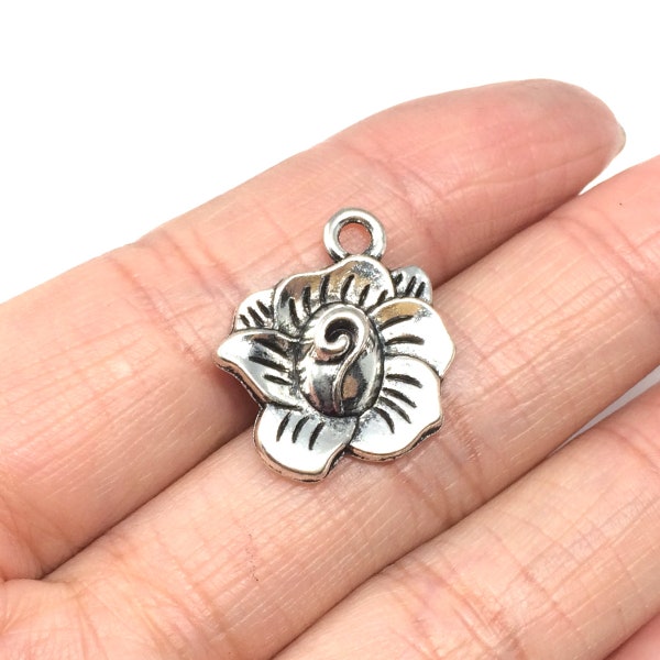 10 x Rose breloques 20x18mm Antique ton argent | Une face Pendants de charme #MCZ329