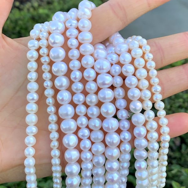 U Pick 1 or 2 Strands Natural AA Quality Potato Round White Cultured Freshwater Pearl Loose Bead (4mm to 9mm) for Necklace Jewelry Making