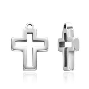 May include: A silver cross charm with an open design. The cross is hollow and has a smooth, polished finish.