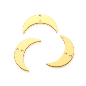 May include: Three gold crescent moon charms with two holes each for attaching to jewelry or other crafts.