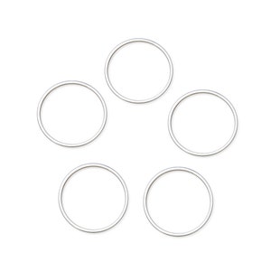 May include: Five silver-toned metal rings, each with a circular shape, are arranged in a circular pattern on a white background.