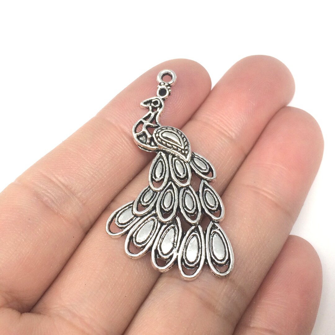 2pcs Beautiful Peacock Charms 38x25mm Antique Silver Tone One Sided
