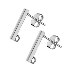 May include: A pair of silver bar stud earrings. Each earring features a rectangular bar with a small loop at the bottom and a post with a butterfly backing. The earrings are displayed against a white background.