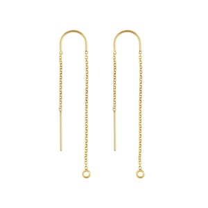 May include: A pair of gold-toned dangle earrings with a curved top and a chain that hangs down to a small loop.