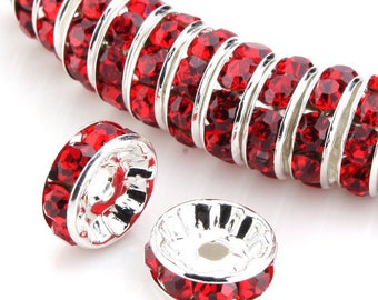 U Pick 100pc/200pc A Quality Silver Rhinestone Rondelle Spacer Bead Lt. Siam Red Crystal 5mm 6mm 8mm 10mm 12mm for Bracelet Jewelry Making