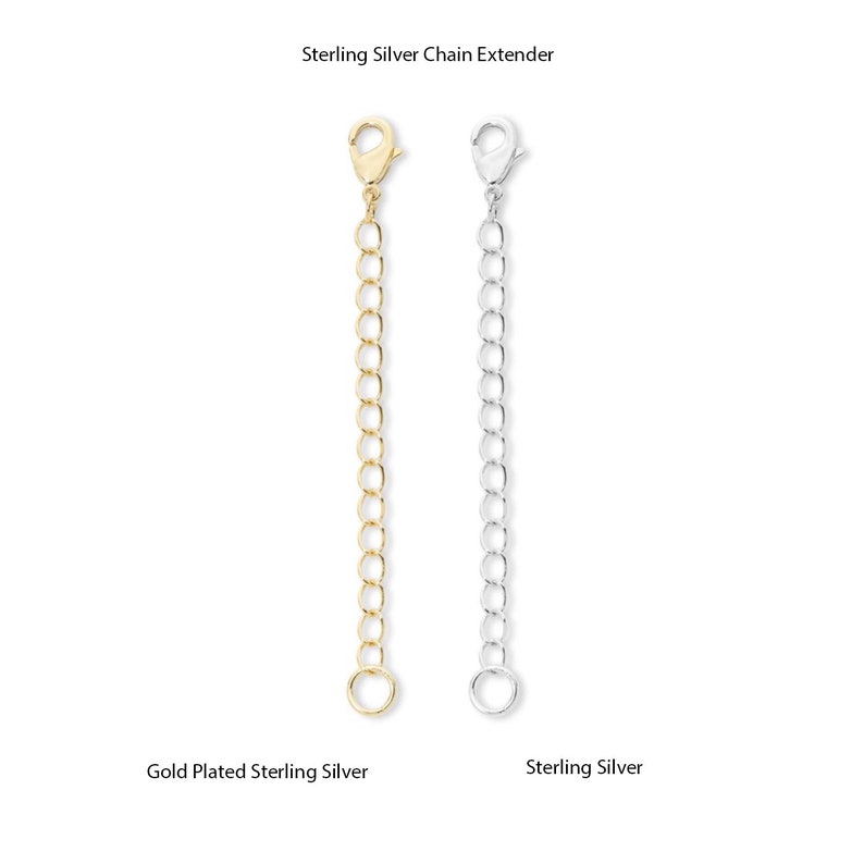 May include: Two sterling silver chain extenders, one gold plated and one in its natural silver finish. Both extenders are made of a delicate chain with a lobster clasp.