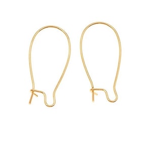 May include: Two gold-colored earring hooks are displayed against a white background. The hooks have a teardrop shape with a looped top and a small post at the bottom for securing the earring.