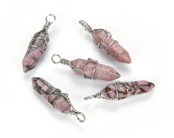 4pcs Natural Rhodonite Healing Gemstone Pendant Bullet Shape Spike Point Chakra Rock Quartz Drop for DIY Women Men Jewelry Making