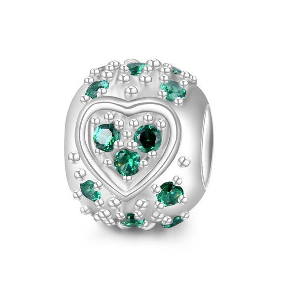 Birthstone Heart Charm - 925 Sterling Silver Love Heart Bead For Bracelets & Necklaces, 12mm, Cubic Zirconia, Gift For Women