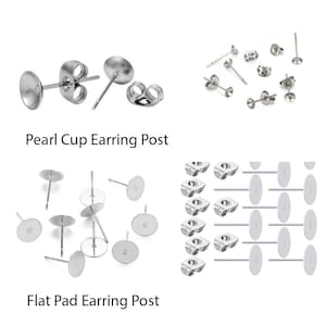 May include: A set of silver earring posts with both flat and cup-shaped backs. The flat backs are labeled "Flat Pad Earring Post" and the cup-shaped backs are labeled "Pearl Cup Earring Post".