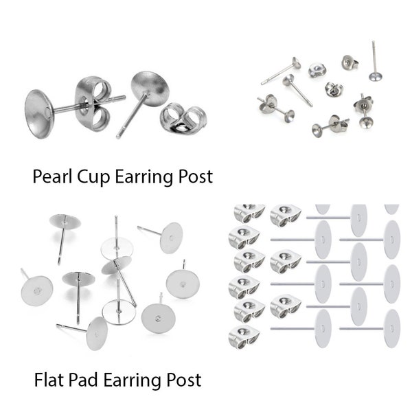 U Pick 100pc/200pc 316 Grade Surgical Stainless Steel Hypoallergenic Stud Earring Posts Pearl Cup/Flat Pad Glue On Earring Post Earnut Backs