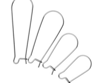 May include: Four silver earring hooks of different sizes. The hooks are made of metal and have a smooth, polished finish.