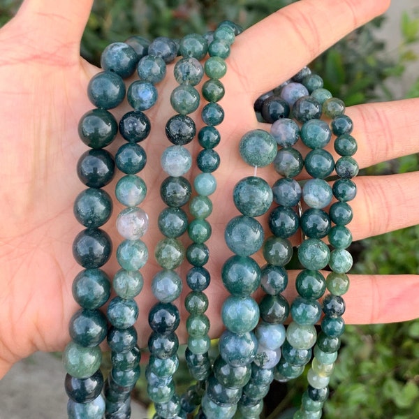 U Pick 1 Strand/15" Natural Green Moss Agate Healing Gemstone 4mm 6mm 8mm 10mm Round Gems Stone Beads for Bracelet Necklace Jewelry Making