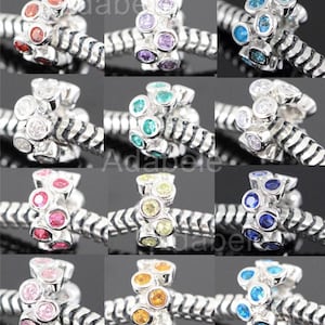 Pick 1pc Small 925 Sterling Silver Cubic Zirconia Gemstone Birthstone Bead Charm for Bracelet Necklace Jewelry Making Women Birthday Gift