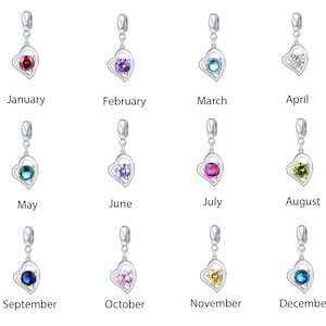 Pick 1pc 925 Sterling Silver Dangle Heart Birthstone Charm Cubic Zirconia CZ Gemstone Bead for Bracelet Jewelry Making Women Birthday Gift