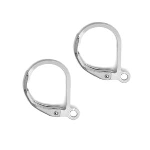 May include: Two silver-colored leverback earring findings. Each finding has a curved, D-shaped design with a hinged lever and a small loop at the bottom for attaching an earring. The findings are set against a white background.