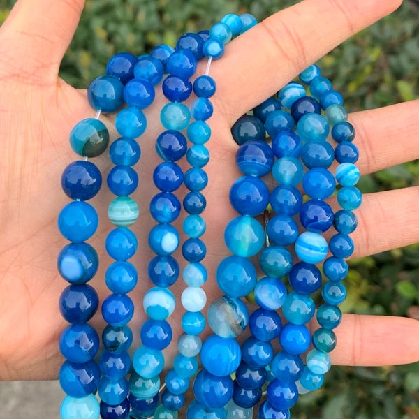 U Pick 1 Brin / 15 « AAA Natural Blue Stripe Agate Healing Gemstone 4mm 6mm 8mm 10mm Perles de pierre rondes pour boucles d’oreilles Collier Fabrication de bijoux