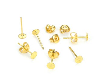 Pick 100pcs 18K Yellow Gold Plated Earring Post 3mm 4mm 6mm 8mm Flat Board Glue On Setting 100 Earring Backs For Stud Earring Jewelry Making
