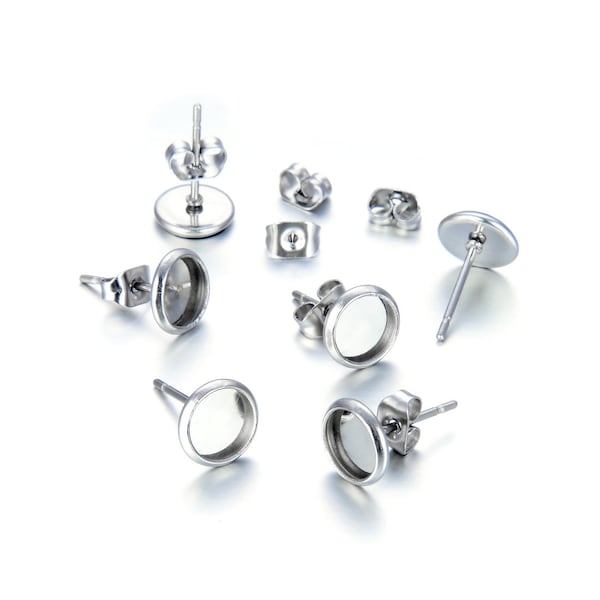 U Pick 50pc 304 Grade Surgical Stainless Steel Earring Post Round Bezel Tray Cup Setting with Backs for 6 8 10 12mm Cabochon Earrings Making