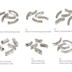 Pick 10pcs Large Hole Curved Noodle Tube Beads Antique Silver Flower/Star Pattern Connector for Gemstone Necklace DIY Jewelry Craft Making