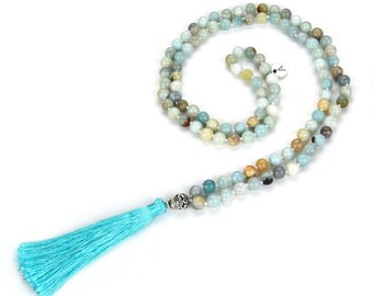 1pc Premium 108 Mala Beads Necklace Natural Amazonite Healing Crystal Chakra Stone Tibetan Buddhist Prayer Japa Reiki Tassel Mantra Jewelry