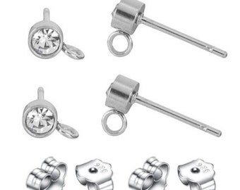 U Pick 2/5 Pairs Sterling Silver 2mm 3mm 4mm 5mm 6mm Earring Post CZ Diamond Ear Stud with Loop Earnut Back for Earrings Jewelry Making
