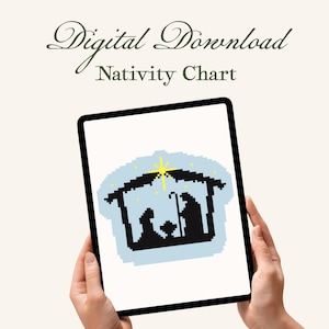 May include: A tablet displaying a digital download of a Nativity Chart. The image on the screen features a pixelated black silhouette of the Nativity scene against a light blue backdrop, with a yellow star above.