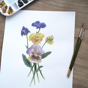 Handmade Pansy Art, Vintage Botanical Watercolor, Realistic Flower Painting, Original Wall Decor ,Original Pansies Watercolor Painting