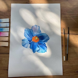 Watercolor painting of blue poppy flower,vintage style wall art, realistic watercolor painting, Botanical art Realistic, wall art Hand paint