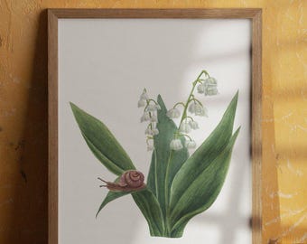 Konwalia, akwarela: sztuka botaniczna ze ślimakami