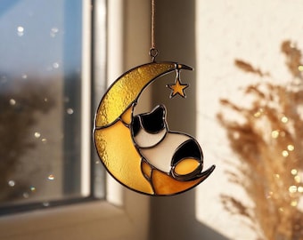 Cat on Moon Acrylic Suncatcher, Stained Glass Style Window Decor