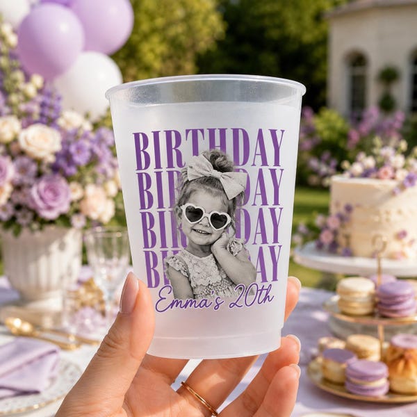 Personalized Birthday Photo Cups, Custom Face Frosted Plastic Party Cups, Milestone Birthday Drinkware, Birthday Party Favors
