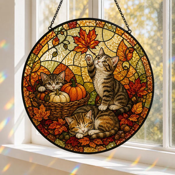 Autumn Cat Glass Suncatcher, Stained Glass Window Hanging, Pumpkin Fall Decor, Cat Lover Gift