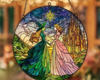 Atrapasueños de vitrales Wicked, adorno de Elphaba y Glinda, regalo de musical de Broadway, decoración de fans de Wicked