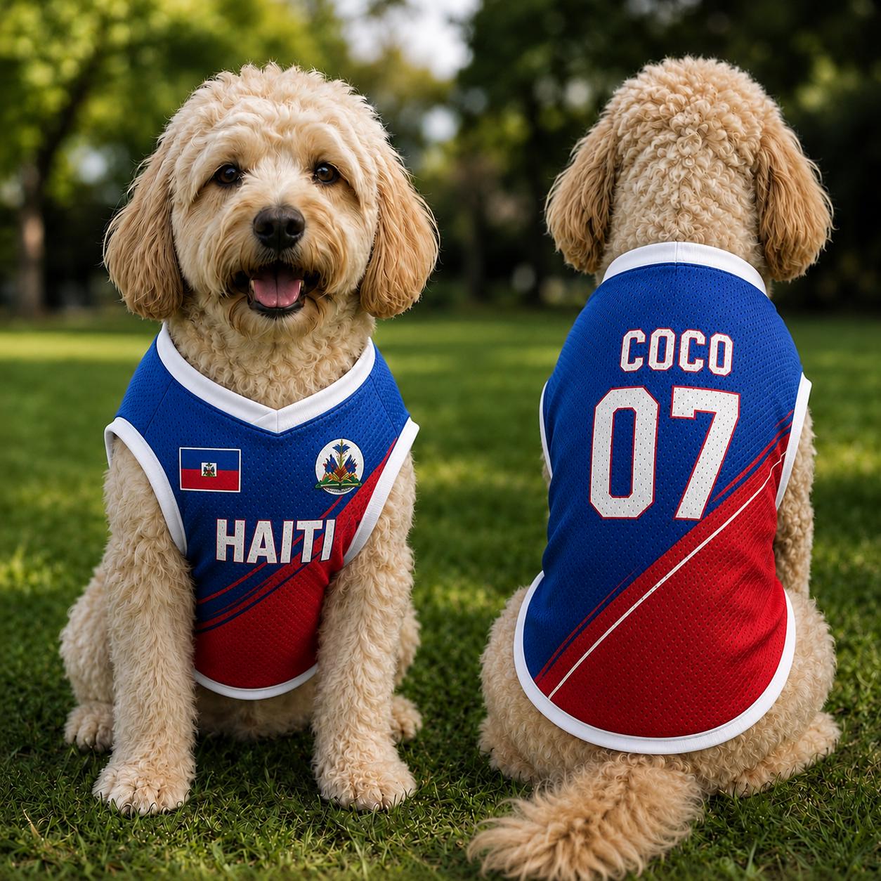 Discover Haiti Dog Soccer Jersey, Haitian Flag Pet Shirt, Blue Red Football Puppy Outfit, Custom Dog Sports Fan Apparel