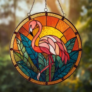 Flamingo Stained Glass Suncatcher, Tropical Bird Window Hanging, Handmade Glass Flamingo Ornament
